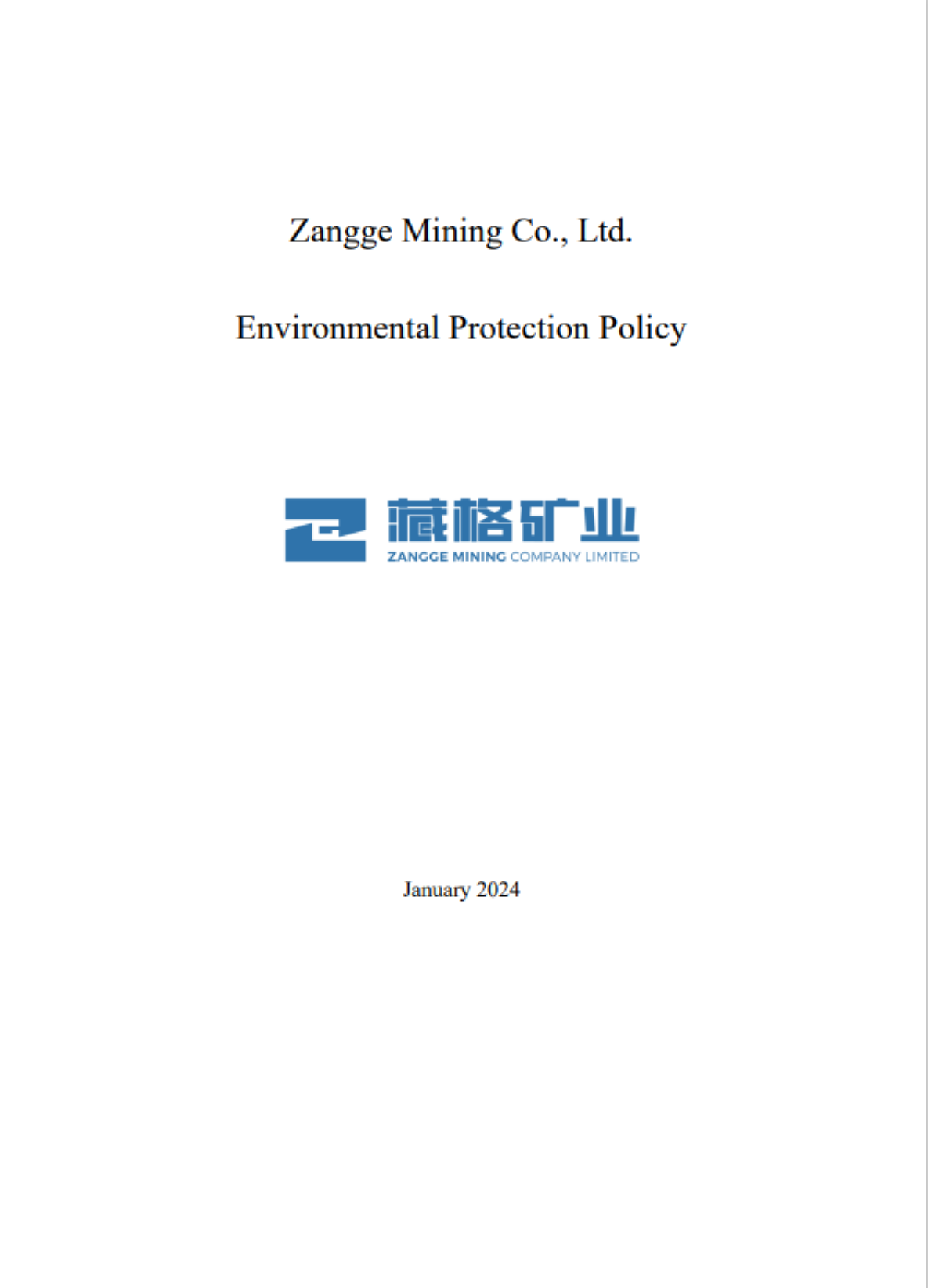 Environmental Protection Policy of Zangge Mining Co., Ltd.