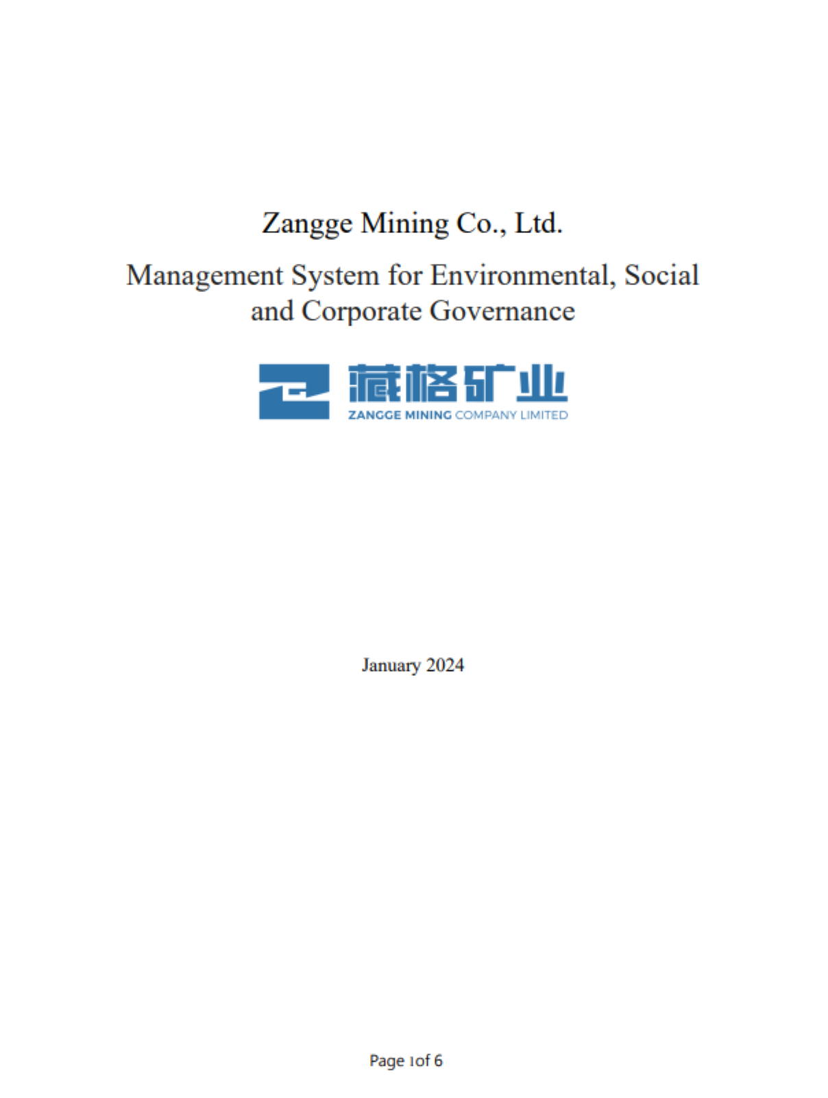 Zangge Mining Co., Ltd. Management System for Environmental, Social and Corporate Governance